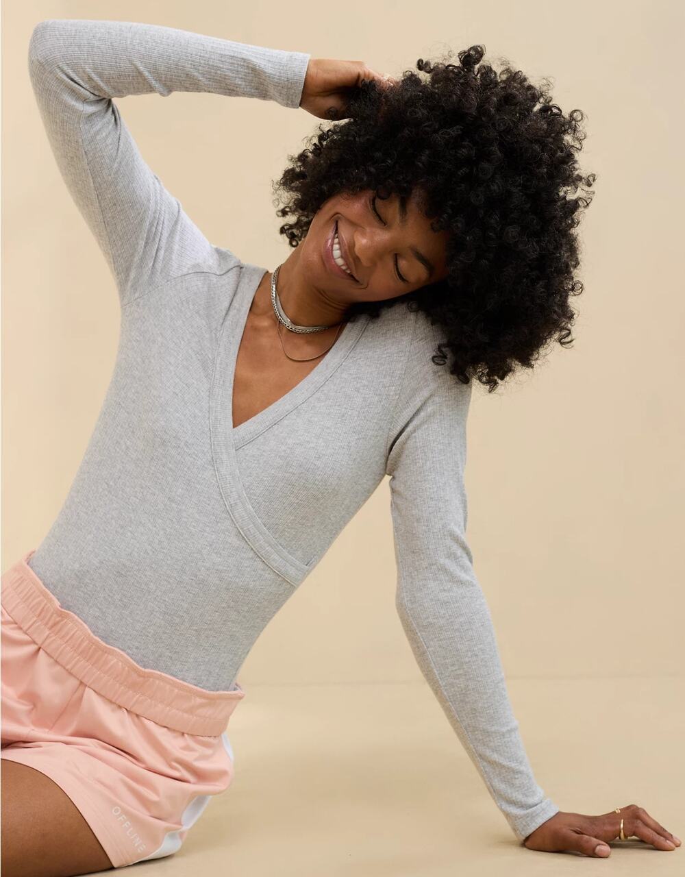 Aerie Heater Gray Long Sleeve Cross Front Ribbed Knit Bodysuit Women's Size XL